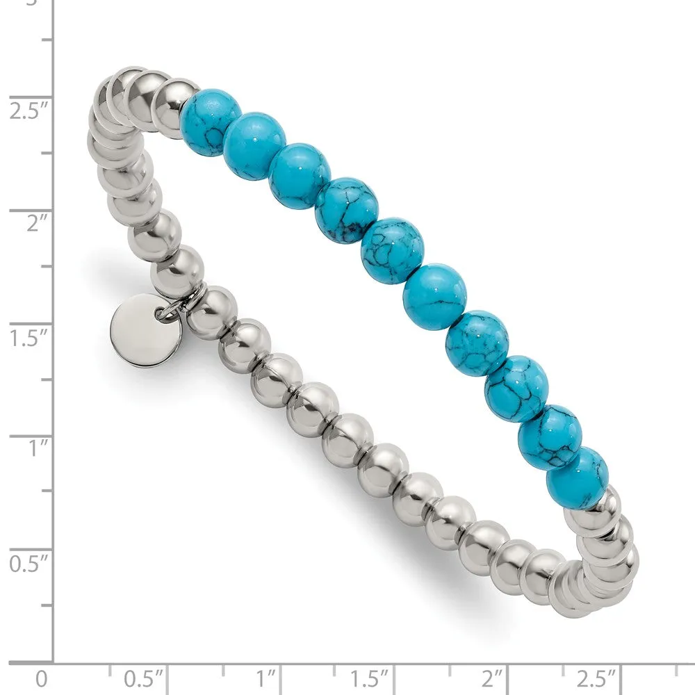 Stainless Steel Polished Synthetic Turquoise Beaded Stretch Bracelet