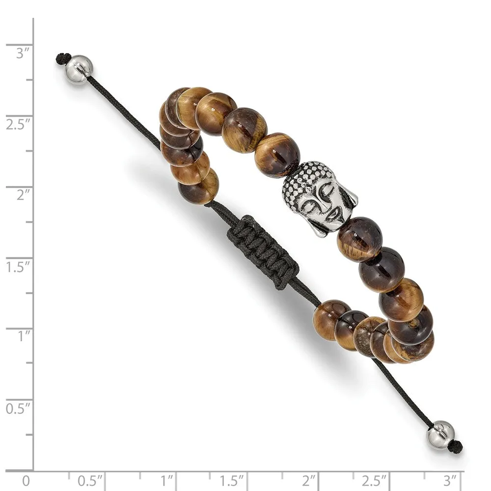 Stainless Steel Polished Tiger's Eye Buddha Adjustable Bracelet