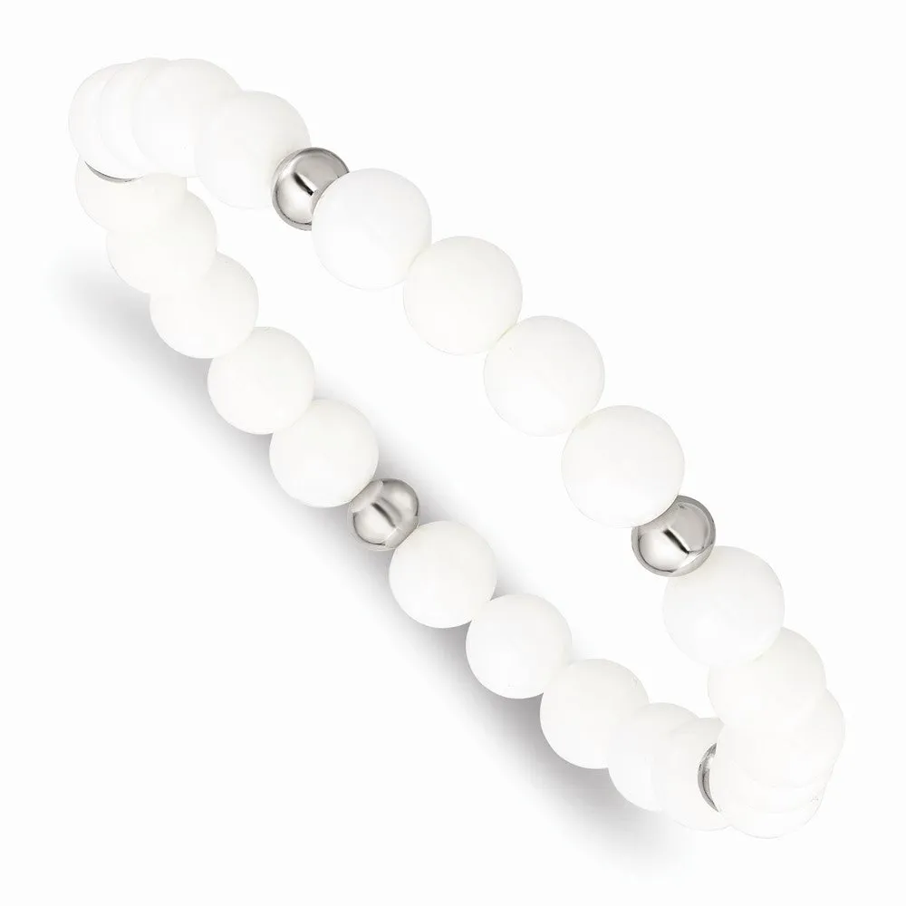 Stainless Steel Polished White Ceramic Beaded Stretch Bracelet
