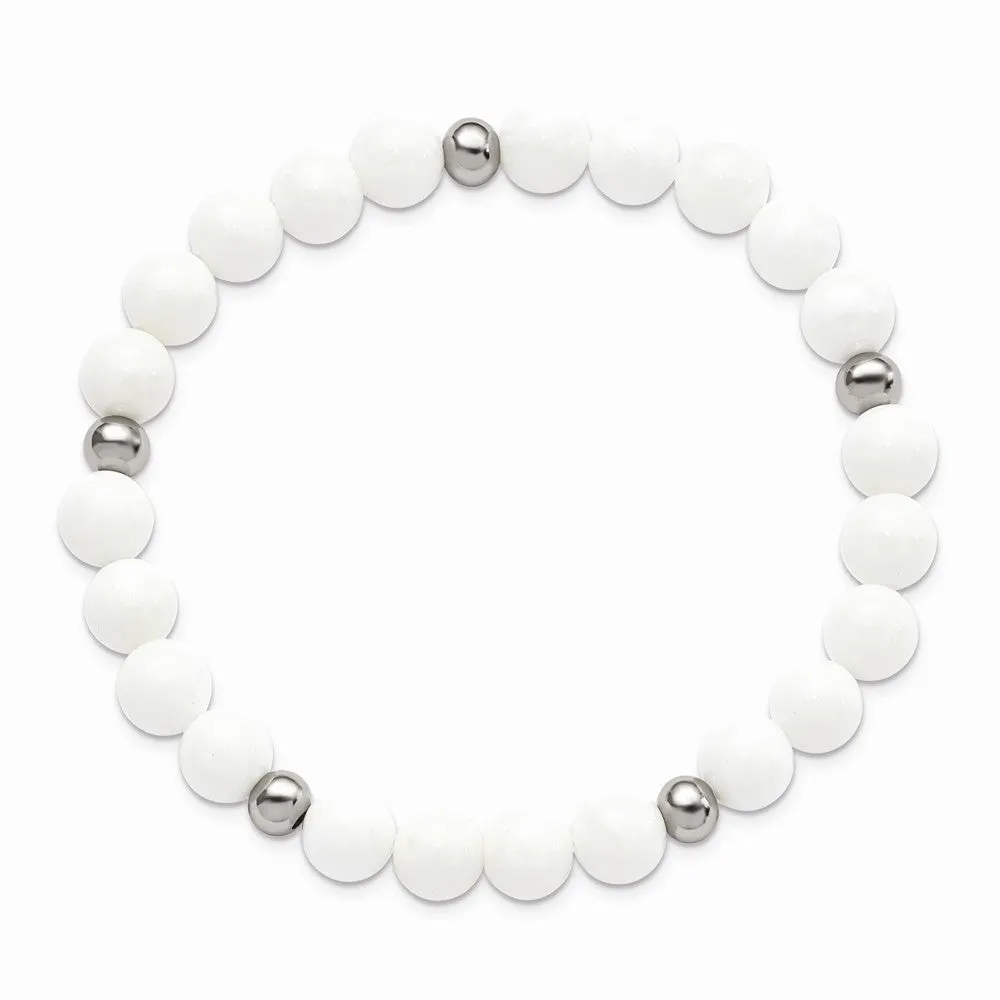 Stainless Steel Polished White Ceramic Beaded Stretch Bracelet
