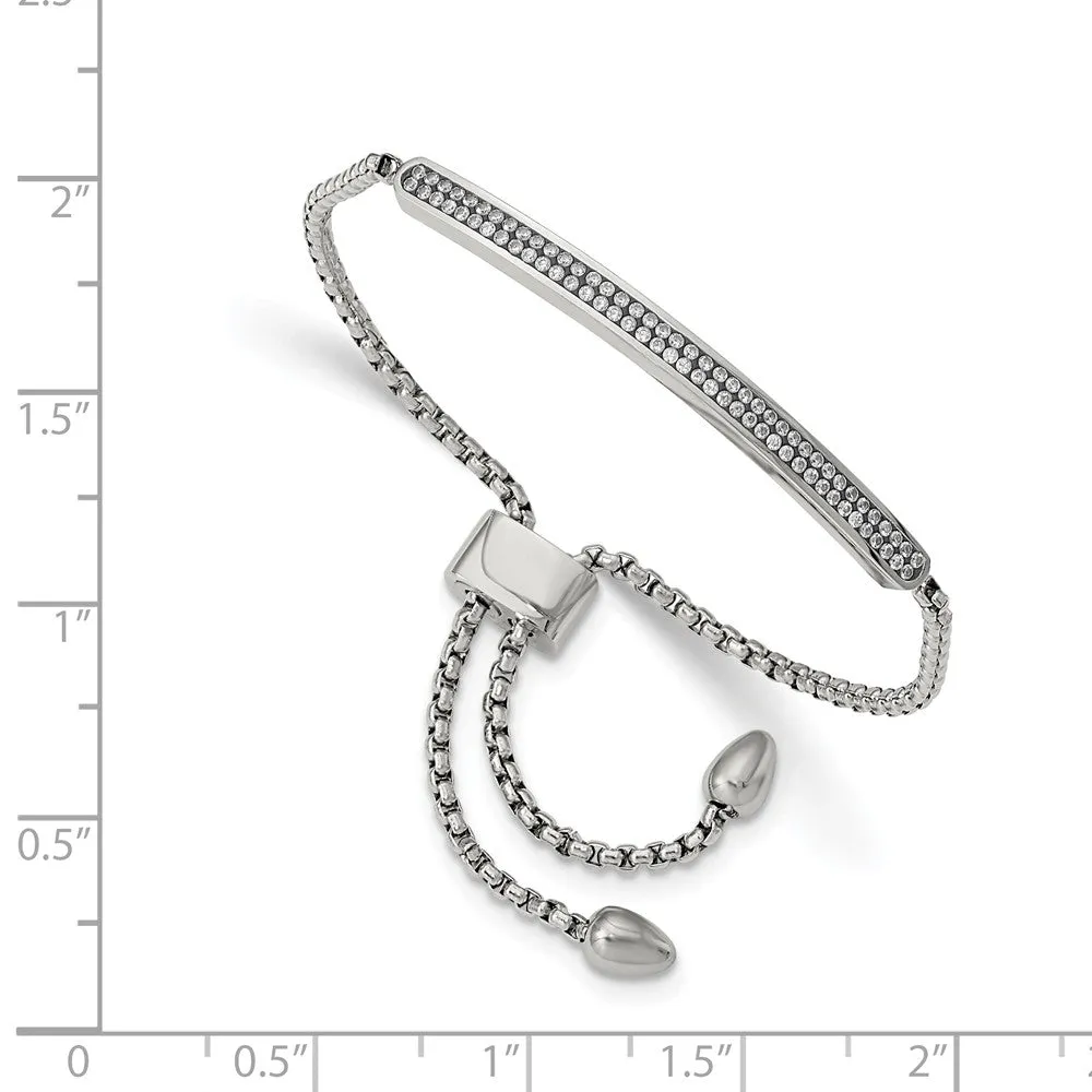 Stainless Steel Polished with 2 Row CZ Bar Friendship/Bolo Adj Bracelet