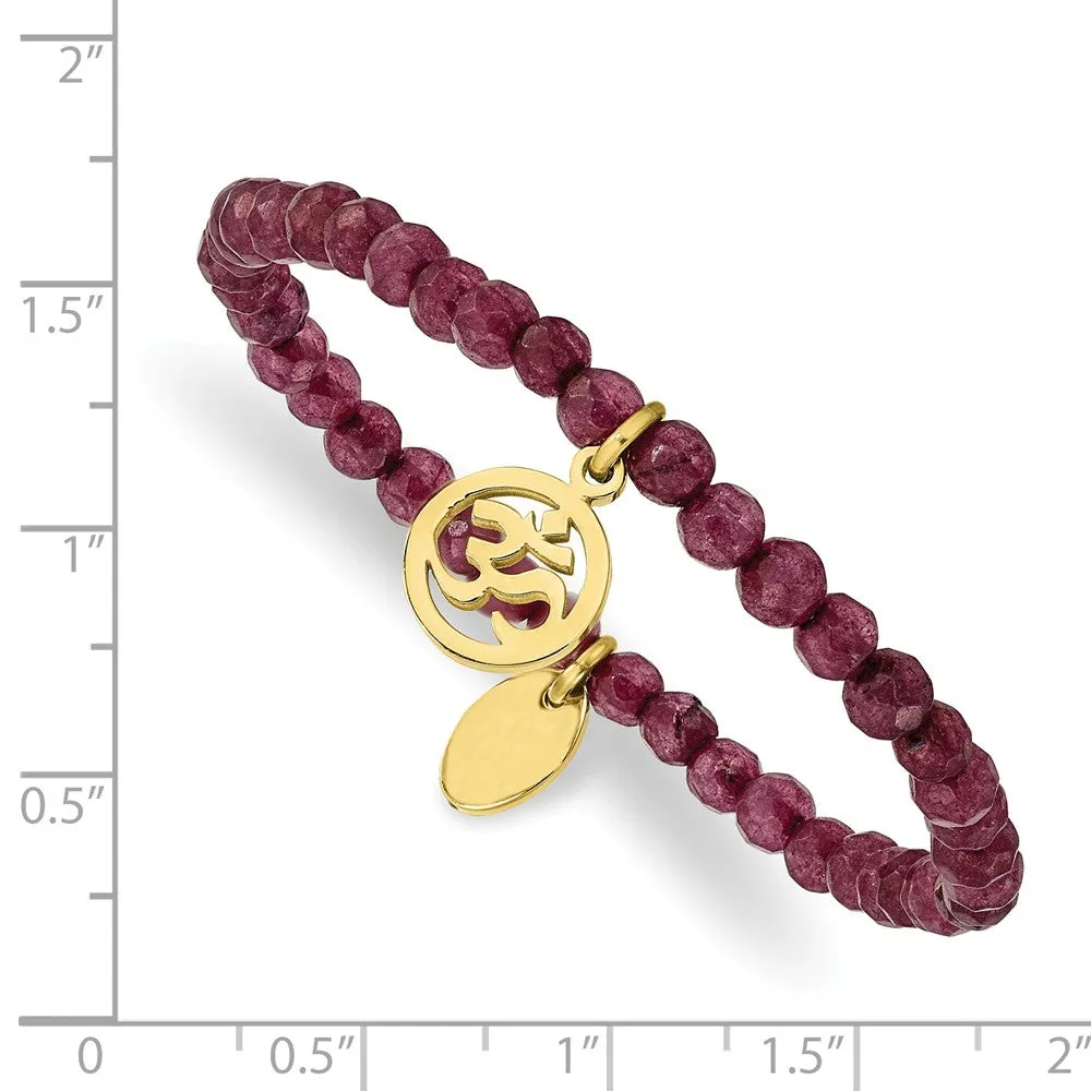 Stainless Steel Polished Yellow IP OHM Purple Jade Stretch Bracelet