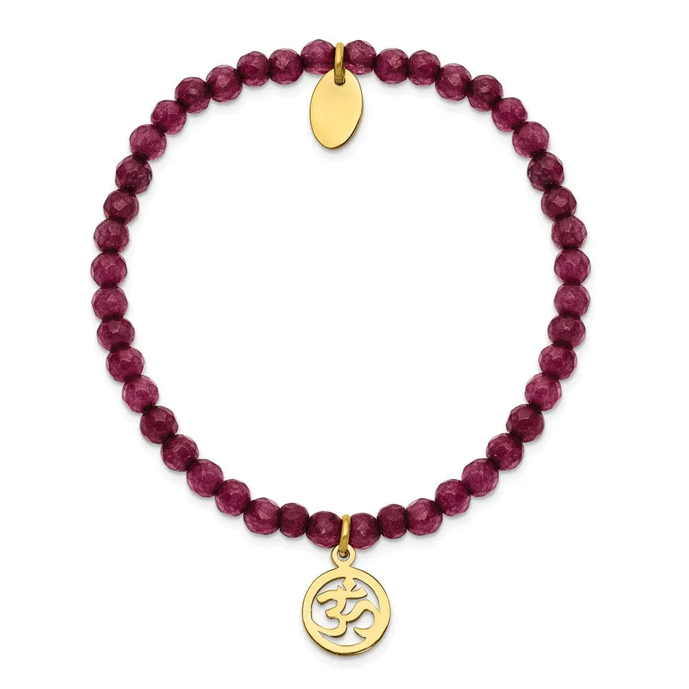 Stainless Steel Polished Yellow IP OHM Purple Jade Stretch Bracelet