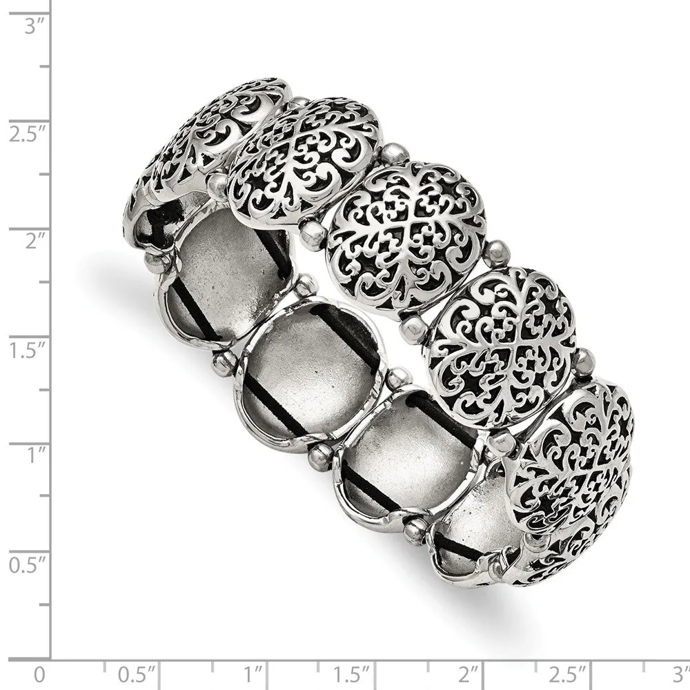 Stainless Steel Polished/Antiqued Oval Stretch Bracelet