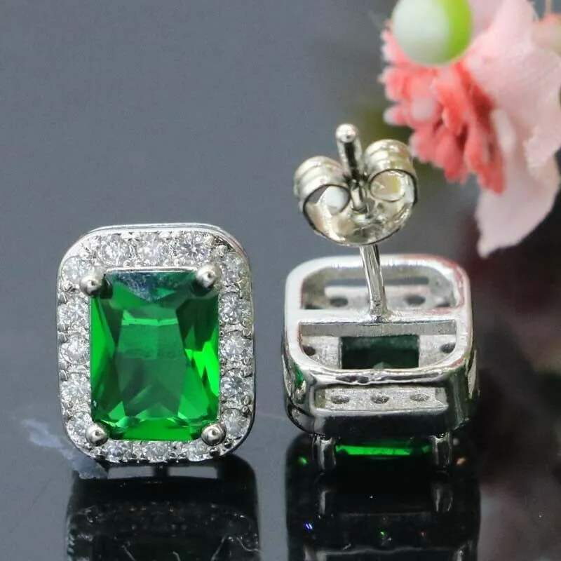 Sterling Silver Simulated Emerald Green Stud Earrings
