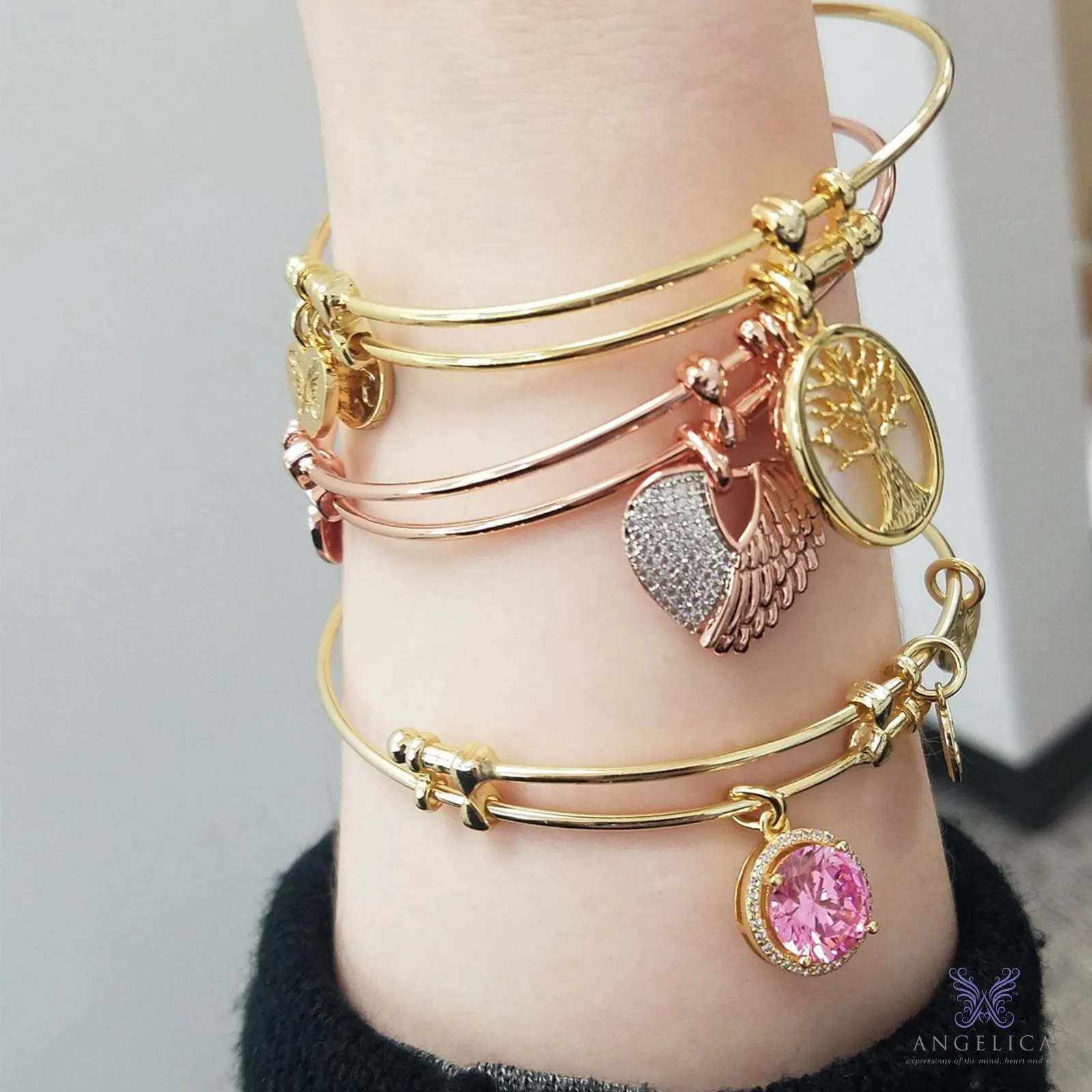 Stipple Finish Brass Candle, Believe, Hope, Faith Angelica Bangle Bracelet, 7.25"