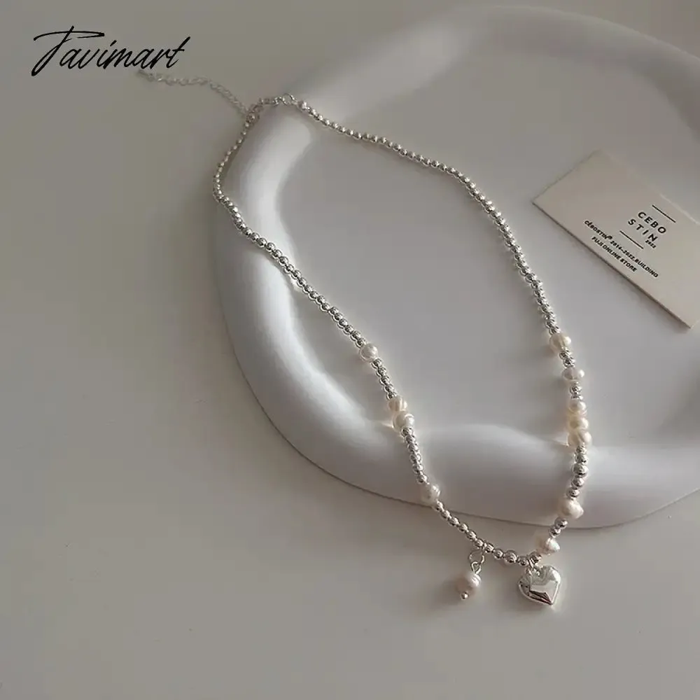 Tavimart Minar INS Fashion Genuine Freshwater Pearl Chokers Necklace for Women Silver Color Beads Strand Heart Pendant Necklaces Jewelry
