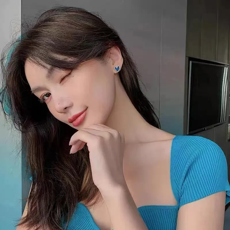 VAIGE Romantic Blue Heart-Shaped Small Stud Earrings in Copper Alloy - Cute Korean Fashion Jewelry