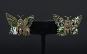 Vintage Handmade Butterfly Sterling Silver and Abalone Shell Screw Back Earrings