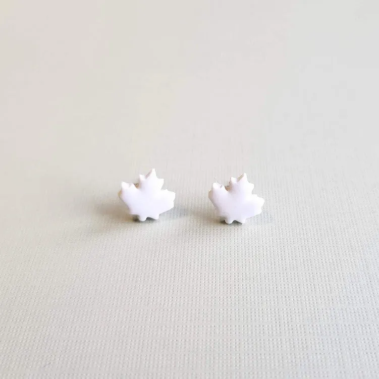 White Autumn Leaf Polymer Clay Stud Earrings