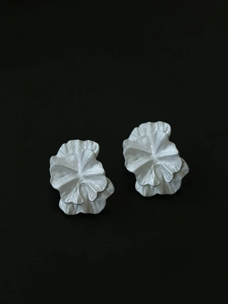 White Matte Petal Floral Bloom Statement Earrings