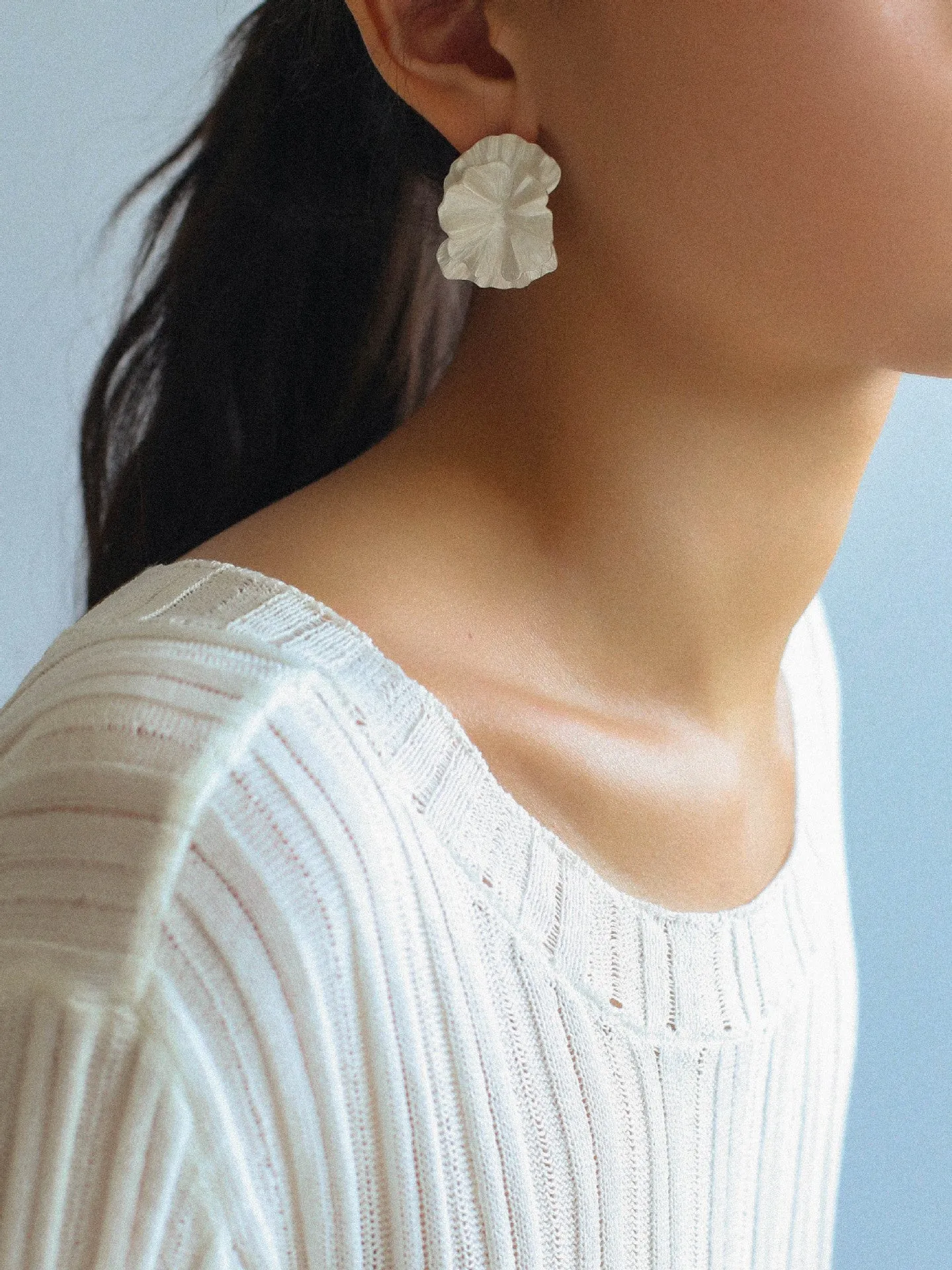 White Matte Petal Floral Bloom Statement Earrings
