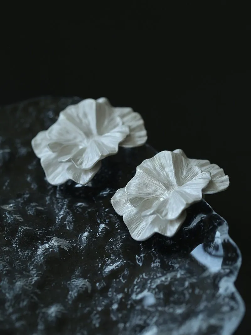 White Matte Petal Floral Bloom Statement Earrings