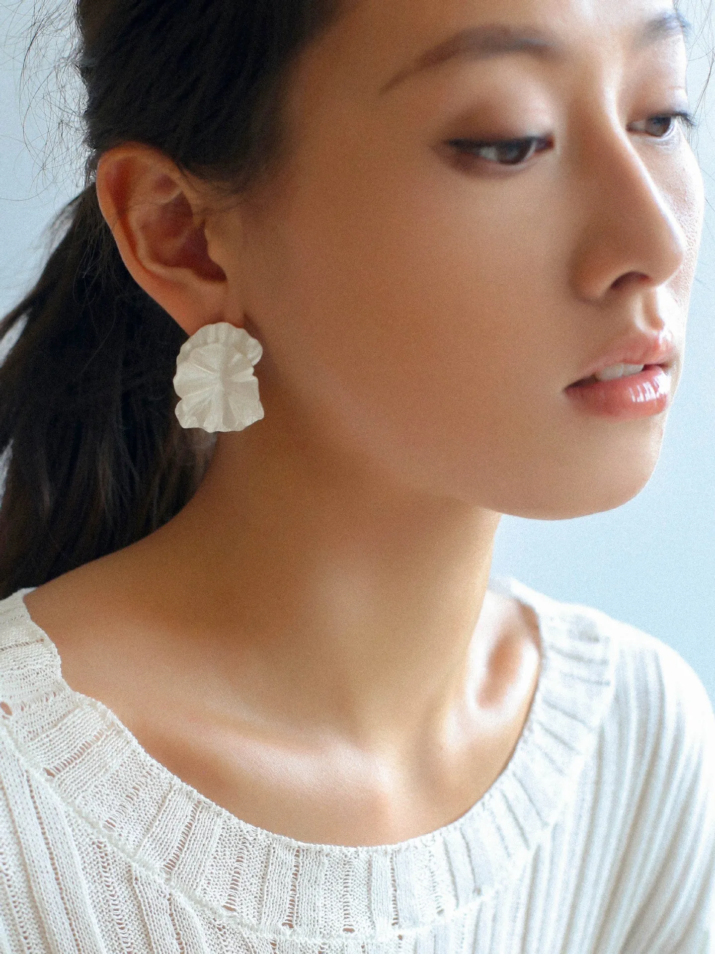 White Matte Petal Floral Bloom Statement Earrings