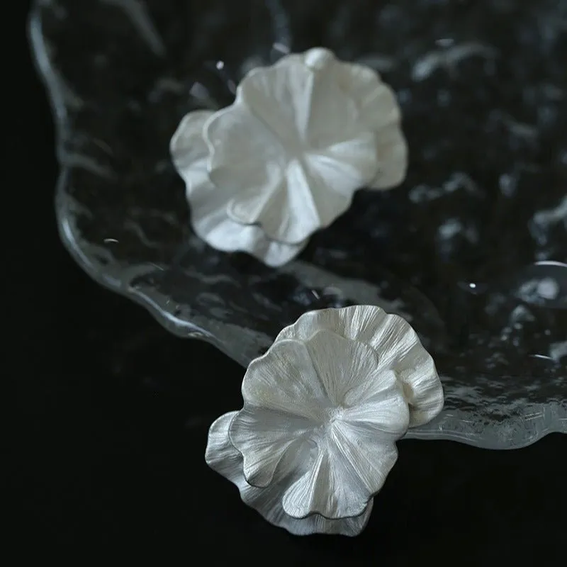 White Matte Petal Floral Bloom Statement Earrings