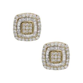 Women's Double Halo Baguette Cluster Diamond Stud Earrings 0.69ct 10K Yellow Gold
