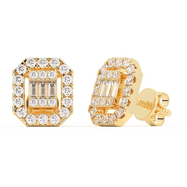 Women's Emerald Baguette & Round Diamond Stud Earrings 0.51ct 14K Gold
