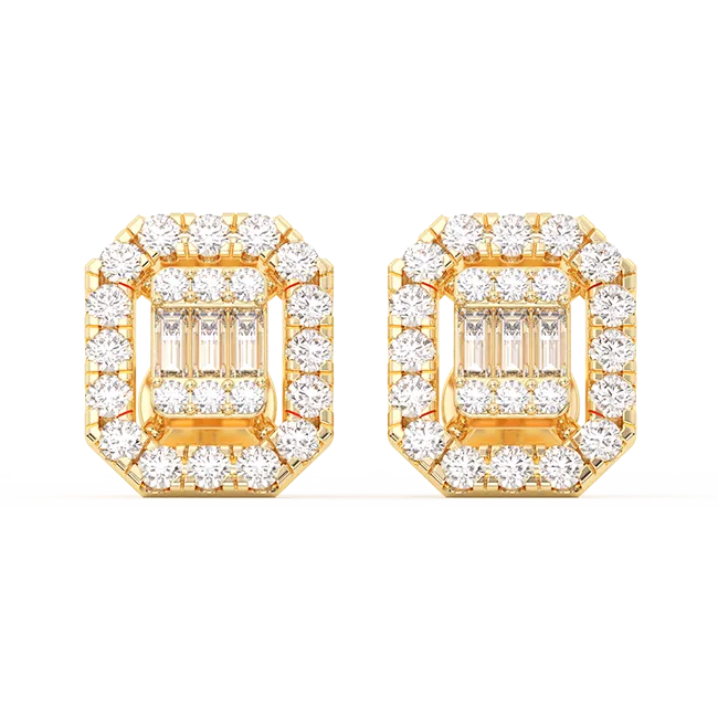 Women's Emerald Baguette & Round Diamond Stud Earrings 0.51ct 14K Gold