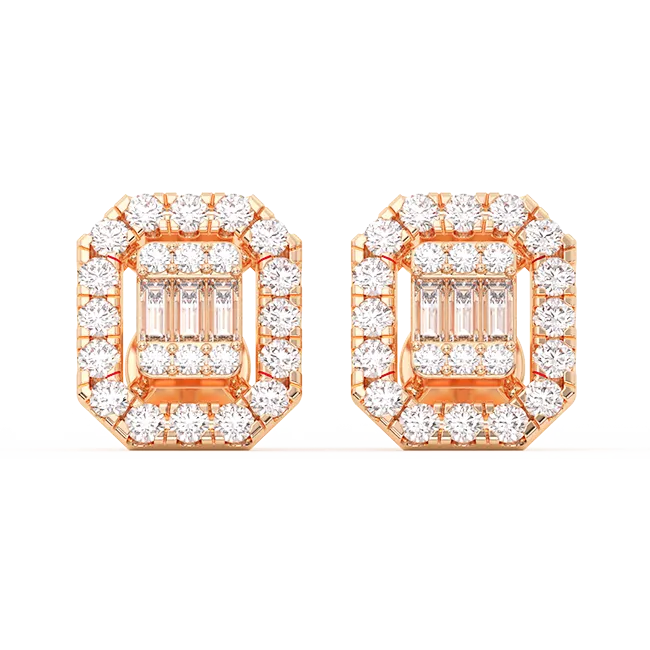 Women's Emerald Baguette & Round Diamond Stud Earrings 0.51ct 14K Gold