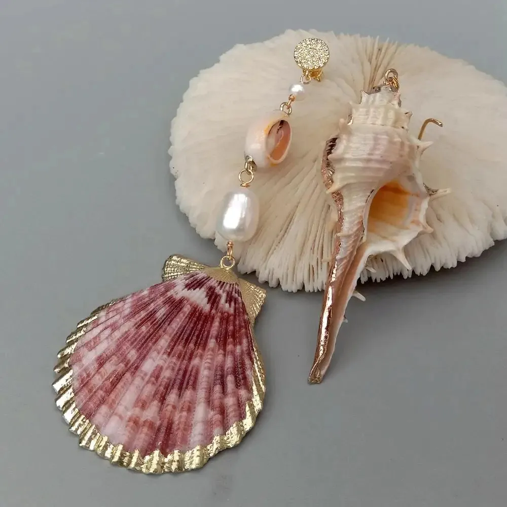 Y·YING Natural Sea Shell White Rice Pearl Asymmetric Dangle Earrings