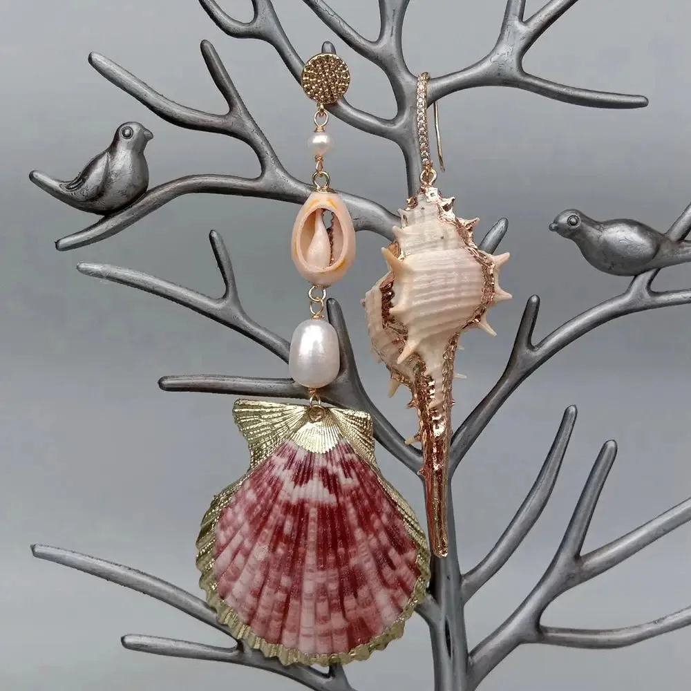 Y·YING Natural Sea Shell White Rice Pearl Asymmetric Dangle Earrings