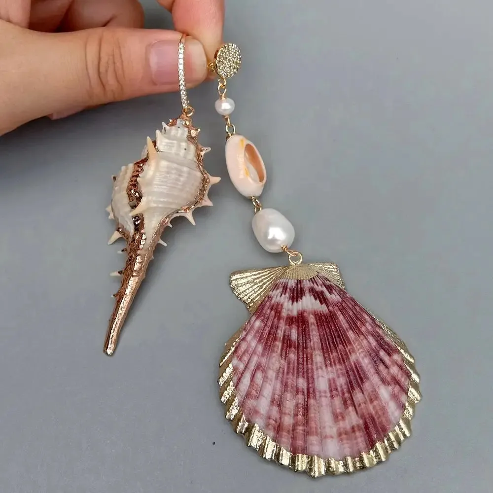 Y·YING Natural Sea Shell White Rice Pearl Asymmetric Dangle Earrings