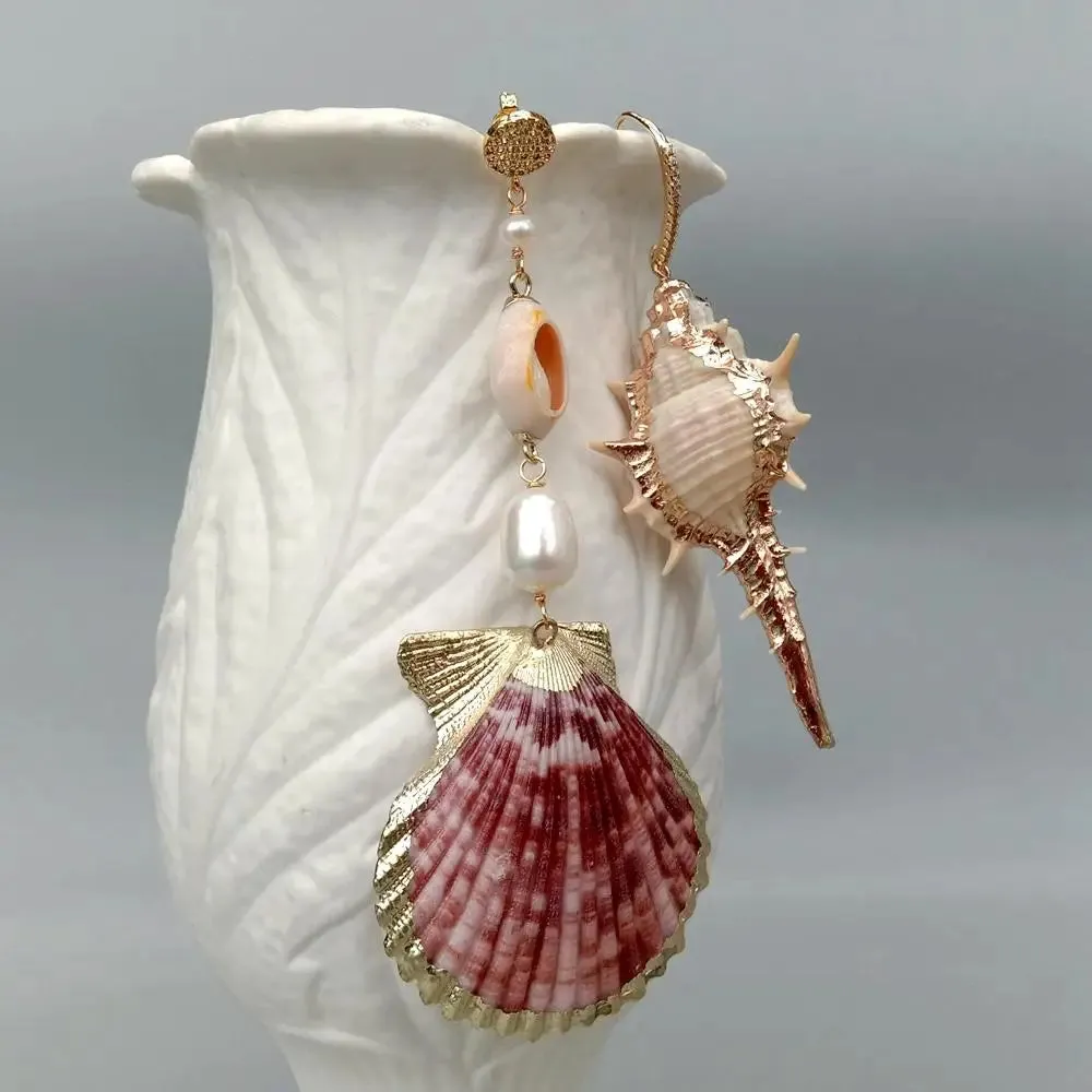 Y·YING Natural Sea Shell White Rice Pearl Asymmetric Dangle Earrings